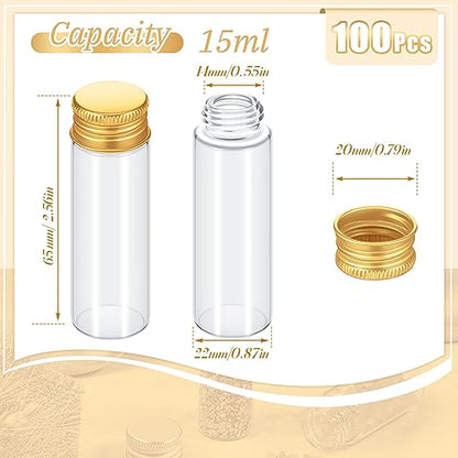Didaey 100 Pcs Small Clear Vials Spice Mini Jars with Lids Mini Glass Bottles with Screw Aluminum Metal Caps Tiny Jars Sample Containers for Powder Cream Cosmetic Jewelry Wedding (15 ml,Gold Caps) - color: Gold Caps, size: 15 ml