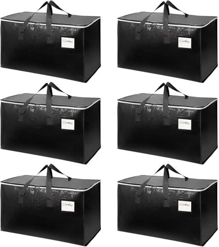 6-Pack Extra-Large Heavy-Duty Moving Bags with Reinforced Handles, Durable Zippers & Waterproof Material — Perfect for Space-Saving, Storage, Shipping and Travel (Black) - color: Black, size: 6P