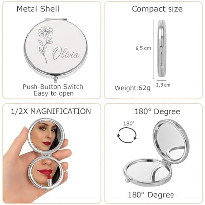 Personalized Compact Mirror for Women, Custom Laser Engraved Pocket Mirror, 1X/2X Magnifying Travel Makeup Mirror for Purse–Gift for Bridesmaid, Wedding, Birthday, Mom, Friend, Sister, Wife, Valentine
