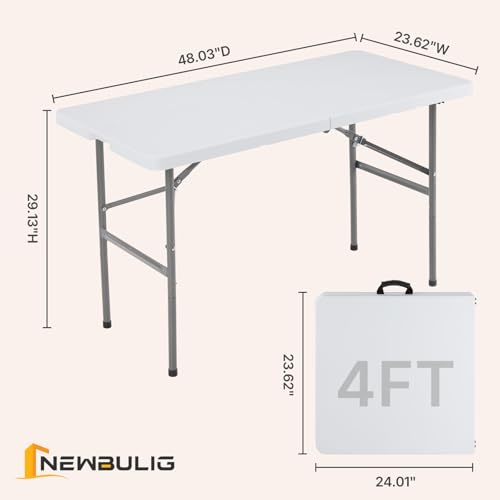 4 Feet Folding Picnic Table, Plastic Table with Carrying Handle, Heavy Duty Portable Table for Camping Party, White