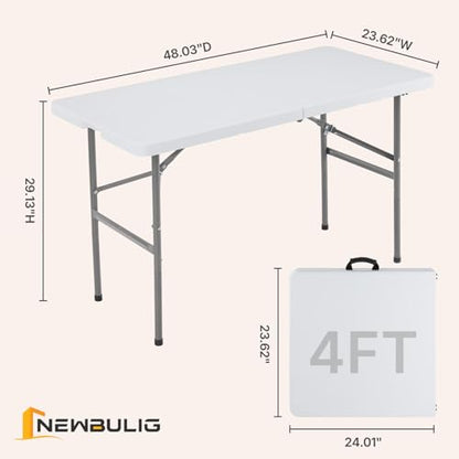 4 Feet Folding Picnic Table, Plastic Table with Carrying Handle, Heavy Duty Portable Table for Camping Party, White