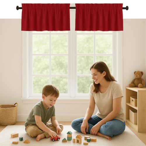 Red Valance Curtains 2 Pack, 54x18 Inches, 100% Cotton, Rod Pocket Window Valances, Semi Sheer Short Curtain Panel for Kitchen, Farmhouse, Café, Bedroom, Bathroom, Living Room Décor - color: Red, size: 18"W x 54"L (Pack of 2)