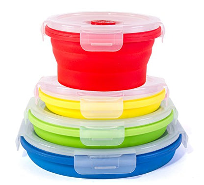 Thin Bins Collapsible Containers Set of 4 Round Silicone Food Storage Containers BPA Free, Microwave, Dishwasher and Freezer Safe - No more cluttered container cabinet! SC-149A - size: Round - Assorted Sizes - Set of 4