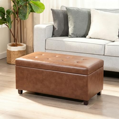 Asense Storage Ottoman Bench,Faux Leather Upholstered Ottoman with Storage,End of Bed Bench with Safety Hinge Wooden Legs,for Entryway,Bedroom,Living Room - color: 37" Faux Leather Tan Brown