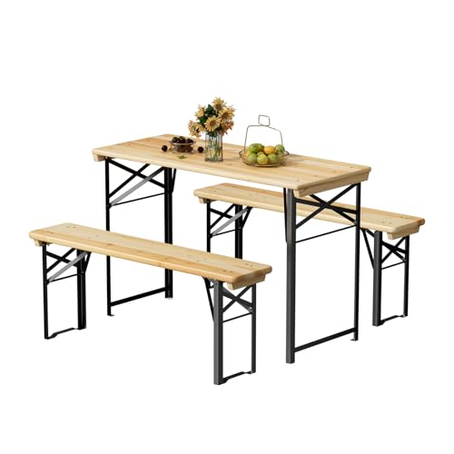 VINGLI 45 Inch Folding Picnic Tables with Benches Set, Weather-Resistant Wooden Beer Garden Table Bench, 3-Piece Portable Fold Up Camping BBQ Table,Natural Wood Color - color: Natural Wood Color, size: 4FT