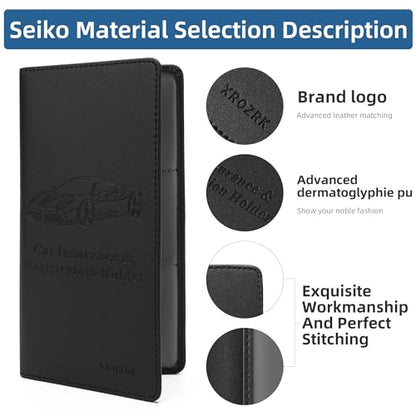 Premium Car Registration & Insurance Card Holder with Magnetic Closure & Clear Pockets, Glove Box Organizer for Documents, Driver's License (Black)