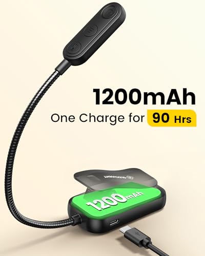 Glocusent 20 LED Reading Lights for Books in Bed, Eye Caring Reading Light, 5 Colors & 5 Brightness 3–100LM Dimmable, 1200mAh Rechargeable Book Light to 90H, Lightweight Clip on Light for Book Lovers - color: Black