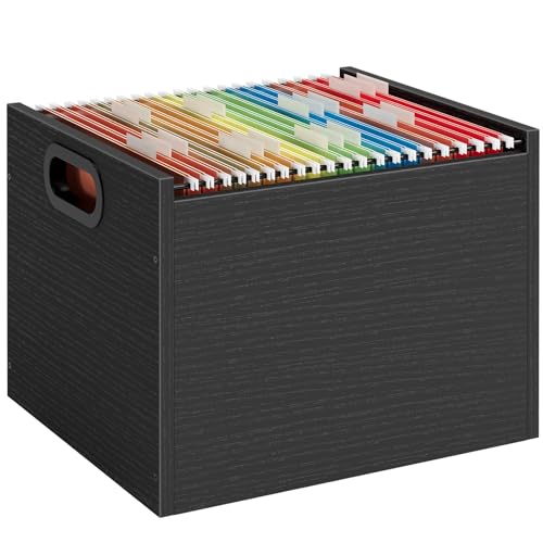 ROSONG Black Wood File Organizer Box - Filing Bin for Letter & A4 Size Wood Decorative Hanging File Folders Storage Crate with Handle, Sturdy Home Office Filing Cabinet System