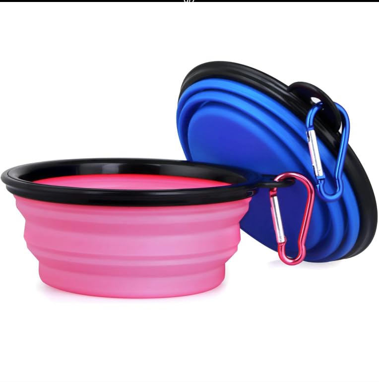 Collapsible Pet Bowl Set, Portable Silicone Travel Food Water Bowls with Carabiner Clip, Multi-Color, Space-Saving Design for Dogs Cats (Blue & Green) - color: Blue & Green