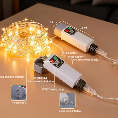 Rechargeable Fairy Lights Plug In 33FT 100 LED,8 Modes Fairy Lights Battery Operated with Remote Timer USB Charging, IP65 Waterproof Outdoor Camping Lights, for Camping Patio Christmas Bedroom Decor