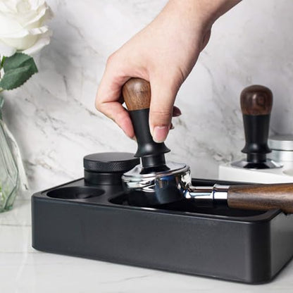 Espresso Tamping Station with Knock Box, 3-in-1 ABS Coffee Tamper Station Organizer for 51/54/58mm Tamper for Home Cafe Office, Black