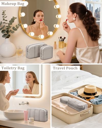 oscaurt 2 Pcs Makeup Bag Travel Toiletry Bag for Women Puffy Padded Cosmetic Pouch Purse Wide-open Makeup Organizer Case Travel Essentials - color: Camel-Set
