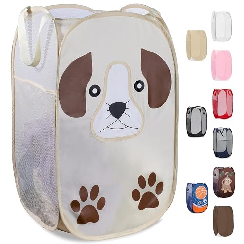 Pop Up Laundry Hamper, Cute Puppy Collapsible Mesh Basket 71L with Reinforced Handles and Side Pocket - Foldable Pop Up Hamper for Dorm, Travel, Kids Room - Handy Laundry (Puppy) - color: Puppy