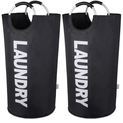 Laundry Basket 2 Pack Collapsible, Freestanding Clothes Hamper Bag with Handles – Tall Folding Dirty Laundry Bin，Sturdy Laundry Sorter for College Dorm, Laundry Room – 95L (Black) - color: Black, size: 95L (2 Pack)