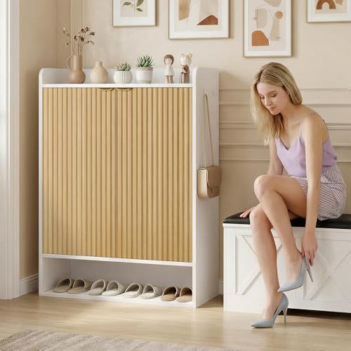 DreamDashio Fluted Shoe Cabinet Storage with Doors, 5-Tier Modern Shoe Storage Cabinet with Side Hooks, Open Shelf & Adjustable Shelves, Tall Shoe Rack Organizer Cabinet for Entryway, Hallway, White
