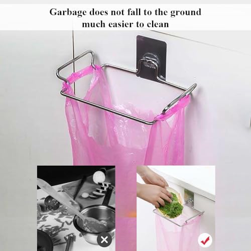 Trash Bag Holder for Cabinet Doors & Cupboards, Stainless Steel Garbage Bag Holder with Adhesive Base Sticker, Portable Kitchen Trash Can for Under Sink Trash Bag Holder, Under Counter Trash Can