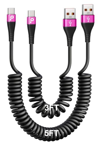 Coiled USB A to USB C Cable for Car, 3FT/5FT USB C Cable Fast Charging, USB Type C Charging Cord Compatible with iPhone 17/16/15 Pro Max/Samsung Galaxy S20 S10 and More USB C Devices-Rose Red - color: Rose Red, size: 3FT/5FT, style: USB A to USB C