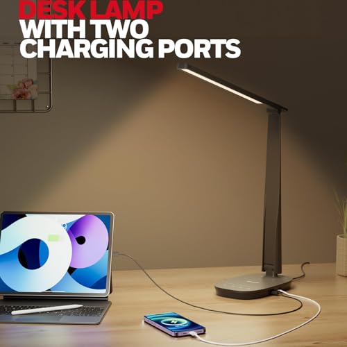 Honeywell HWT-H2 LED Desk Lamp for Home Office, CRI94 Full Spectrum Eye-Caring Light, Dimmable Table Lamp with USB-A & USB-C Charging Ports, Foldable Touch Control Reading Lamp, Black - color: Black