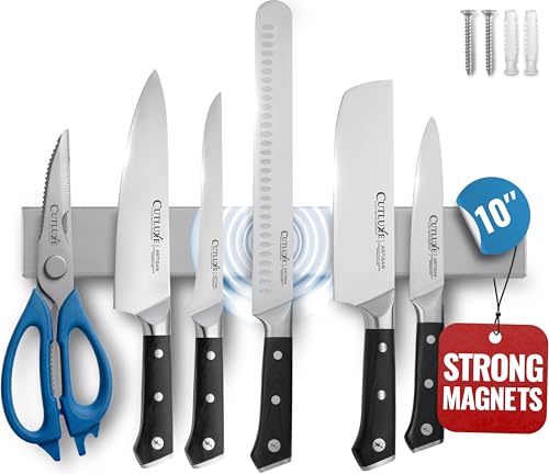 Cutluxe Magnetic Knife Holder for Wall and Fridge - 10" Stainless Steel Knife Magnetic Strip - Holds up 15 lbs, Easy to Mount, With Strong Magnets or Screws - size: 10 Inches