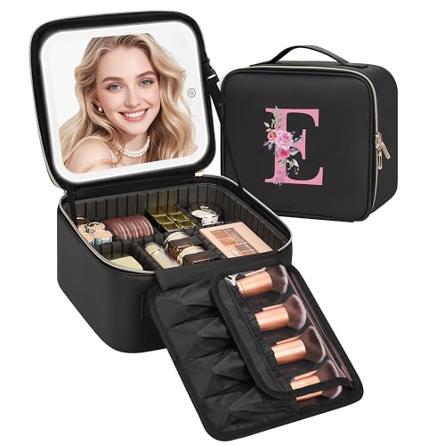 Relavel Initial Makeup Bag with LED Mirror for Women Girls, Personalized Travel Cosmetic Organizer Train Case, Birthday Gifts for Grandkids Bridesmaid Graduation Teacher Friends, Trendy Stuff, Black E - color: Black, style: E