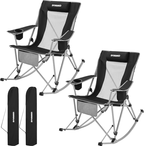 FUNDANGO Rocking Camping Chair, 2 Pack High Mesh Back Portable Folding Camp Chairs with Pillows, Cup Holder and Carry Bag for Lawn Patio Garden Outdoor Supports 300 Lbs (Black/Grey) - color: Black Rocklite-2 Pack
