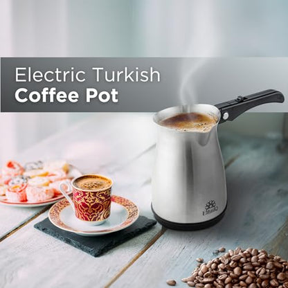 ETHNIQ Turkish Coffee Pot - Stainless Steel, 120V, 1 to 4 Cup Capacity, Coffee Maker with Foldable Handle for Home & Travel & on-off Button (Slow Brew) - color: Slow Brew