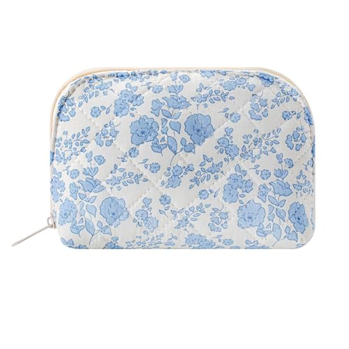JOVAKIT Quilted Conch Shaped Makeup Bag Cosmetic Bag for Women, Floral Coquette Cotton Travel Makeup Case Toiletry Zipper Make Up Pouch, Travel Storage Organizer Stuff (Blue Floral) - color: Blue Floral