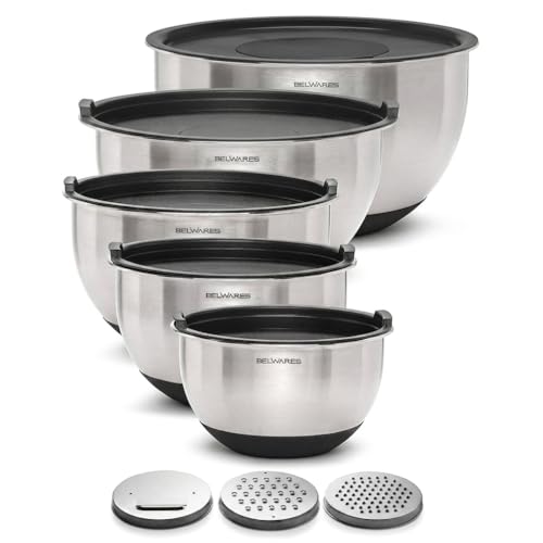 Belwares Mixing Bowls with Lids Set of 5 - Stainless Steel Mixing Bowl Set, Nesting Metal Bowls with Non Slip Bottoms + 3 Grater Attachments, Airtight Lids for Baking, Food Prep + Storage, Black - color: Black, size: 5-Piece