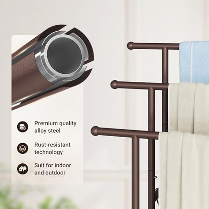 ELYKEN 3 Tier Standing Towel Rack, 40'' Tall Towel Drying Rack Outdoor, Freestanding Floor Towel Rack with Shelf, Pool Towel Blanket Stand, Metal Towel Racks for Bathroom freestanding, Bronze - color: Bronze