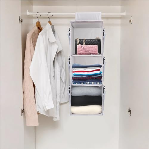 3-Shelf Hanging Closet Organizer, Space Saver, Closet Hanging Storage Shelves with Mesh Pockets & Magic Tap for Storage, Foldable-Grey