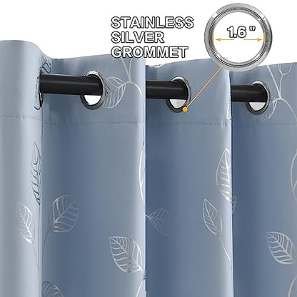 BUHUA Heat Blocking Curtains, Black Out Curtains 63 Inch Long 2 Panels Burg, Soundproof Curtains with Silver Leaf Printed (52 x 63 Inch, Baby Blue, Set of 2 Panels) - color: Silver Leaf /Baby Blue, size: 52"W x 63"L (Pack of 2)