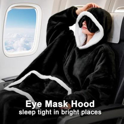 IFNOW Wearable Blanket Hoodie, Oversized Sherpa Fleece Hooded Sweatshirt with Eye Mask, Cozy and Giant Blanket Hoodie with Sleeves Extra Long for Adults Men Women, Black - color: Black, size: Adult