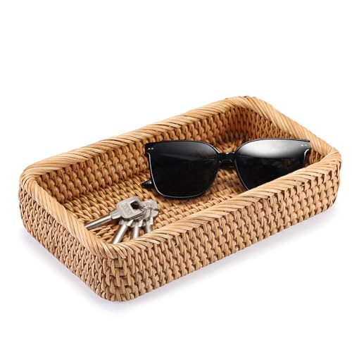 Hipiwe Natural Rattan Tray Key Basket for Entryway Table Rectangle Wicker Basket Trays for Remote Trinket Decorative Rattan Storage Basket Home Decor,10"x 5.9"x 2.2" - color: Natural Color, size: 10" x 5.9" x 2.2"