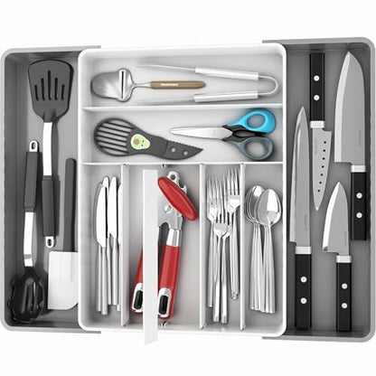 Simple Houseware Expandable Kitchen Drawer Flatware Organizer, Gray/White - color: Gray/White