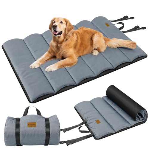 Gimars Upgraded Thickened Outdoor Dog Bed with Waterproof Film, Easy to Roll Up with Buckle, Large Travel Pet Bed for Medium & Large Dog, Portable, Foldable, Washable for Camping,Traveling - color: Grey, size: 43.3"L x 26.4"W x 1"Th
