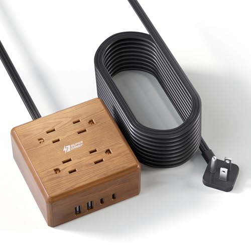 USB Power Strip Surge Protector - SUPERDANNY Desktop Extension Cord with 4 Widely Spaced Outlets & 4 Smart USB Ports, Portable Charging Station for Home, Office, Hotel, Dorm, RV, Faux Walnut Grain - color: Soft Brown, size: 5ft