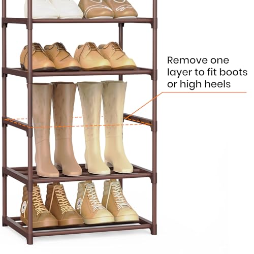 Tall 10 Tier Shoe Rack - 20-24 Pair Storage, Sturdy Metal Shoe Organizer with Hooks for Closet, Entryway, Brown - color: Brown