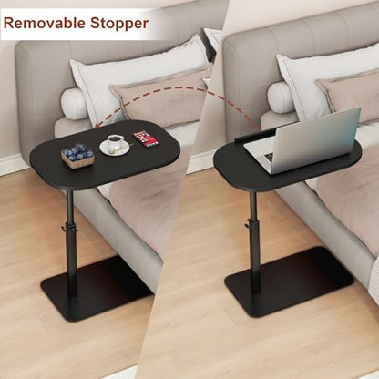 Solid Wood C Shaped Side Table for Sofa/Bed, Adjustable Height C Shaped End Table Metal Base, 360°Swivel/Flip Top Couch Tables That Slide Under, Small Spaces Laptop Stand Coffee Table (Black) - color: Black