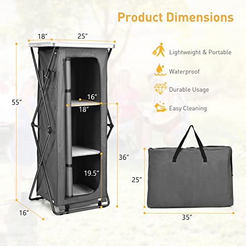 Goplus Folding Camping Storage Cabinet, Pop Up Outdoor Camping Kitchen Station with Large 3-Tier Storage Organizer, Carry Bag, Easy Set Up Portable Compact Camping Table for BBQ Picnic Backyard (55'') - size: 55''