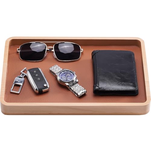 ProCase Wooden Valet Tray for Men, Wood Catch-All EDC Organizer, Fathers Day Gift, Nightstand Entryway Bedside Dump Holder for Wallets, Keys, Watches, Phones, Loose Change, Trinkets -LightBrown - color: Light Brown