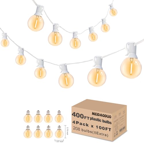 400FT White String Lights for Outside with 200+8 Extral LED G40 Bulbs Globe String Lights White Cord for Patio Pergola Gazebo Wedding Decoration, 4 x 100FT Connectable - color: White G40, size: 400 Feet