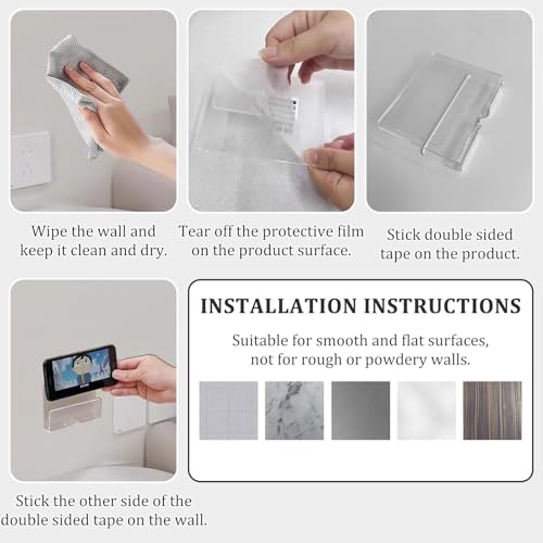 MIUPOO Clear Wall Mounted Phone Holder,Acrylic Phone Stand Self Adhesive with Charging Hole,Smartphone Cradle Bedside Organizer Remote Control Stand for RV Charging,2 Pieces. (2, Clear)