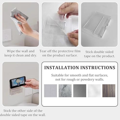 MIUPOO Clear Wall Mounted Phone Holder,Acrylic Phone Stand Self Adhesive with Charging Hole,Smartphone Cradle Bedside Organizer Remote Control Stand for RV Charging,2 Pieces. (2, Clear)