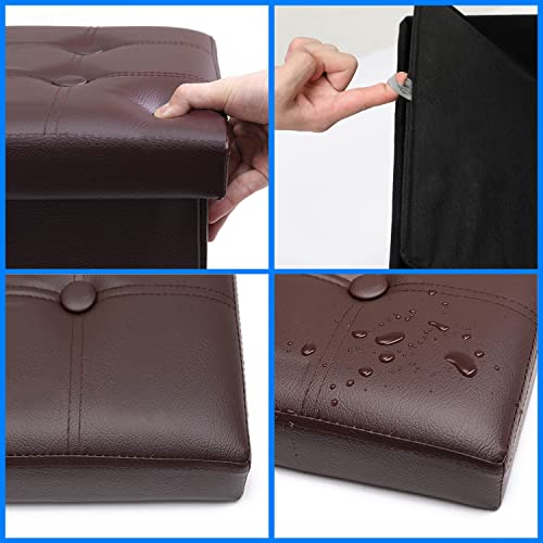 Bsketa 2PC Storage Ottoman, Folding Foot Stool with Thicker Foam Padded Seat Small Leather Storage Ottoman Bench Foot Rest for Living Room Foldable Coffee Table 17x13x13in,Brown - color: Brown-2pc