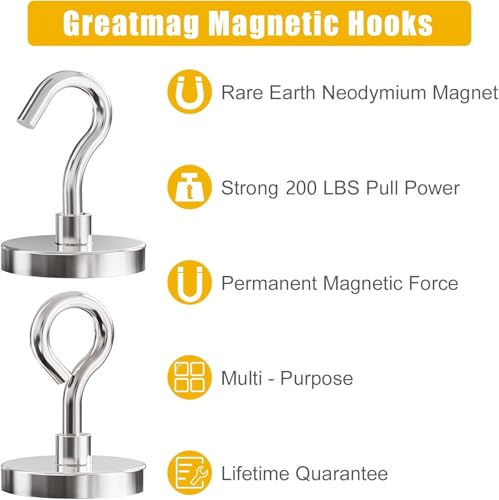 Neodymium Heavy Duty Magnet Hooks, 200 lbs Fishing Magnets 1.65 Inch Magnets with Countersunk Hole (Hook & Eyebolt) Included for Fishing, Workplace, Home (Silver, Pack 6) - size: 6 Pack