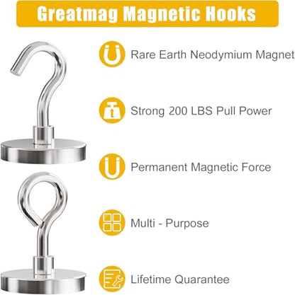 Neodymium Heavy Duty Magnet Hooks, 200 lbs Fishing Magnets 1.65 Inch Magnets with Countersunk Hole (Hook & Eyebolt) Included for Fishing, Workplace, Home (Silver, Pack 6) - size: 6 Pack