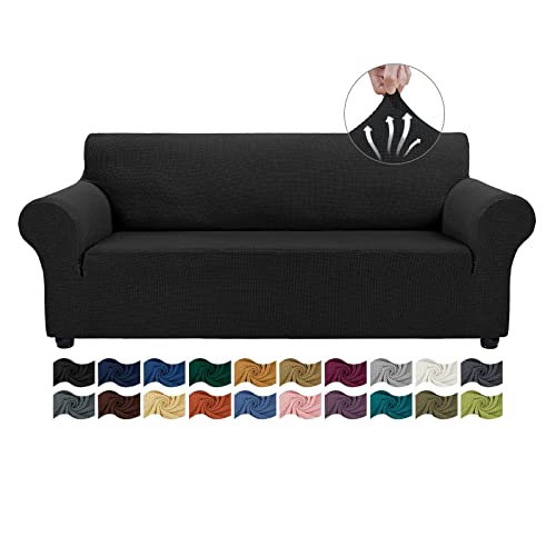 Asnomy Couch Covers for 3 Cushion Couch Sofa Pet Friendly, 3 Seater Sofa Cover Washable Slipcovers Protector Furniture Covers for Dogs Spandex Jacquard Fabric Small Checks（Large，Black） - color: Black, size: Large