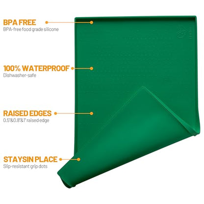 Hubulk Dog Feeding Mat,100% Waterproof Food Grade Silicone Pet Food and Water Bowl Placemat,Dishwasher, High Raised Edge to Prevent Spills,Nonslip Tray to Stop Messes on Floor(19"x12"x0.5",Hunter - color: Hunter green, size: 19"l X 12"w