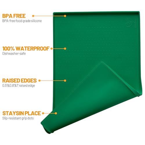 Hubulk Dog Feeding Mat,100% Waterproof Food Grade Silicone Pet Food and Water Bowl Placemat,Dishwasher, High Raised Edge to Prevent Spills,Nonslip Tray to Stop Messes on Floor（32"x24"x1.0",Hunter） - color: Hunter green, size: 32"l X 24"w
