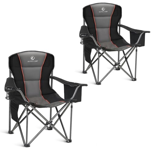 ALPHA CAMP Heavy Duty Camping Chair 500LBS Capacity, Oversized Folding Chair for Heavy People, Padded Portable Outdoor Chair with Cooler Bag & Cup Holder for Camping, Fishing, Beach - color: Black-2pc, size: 2PC
